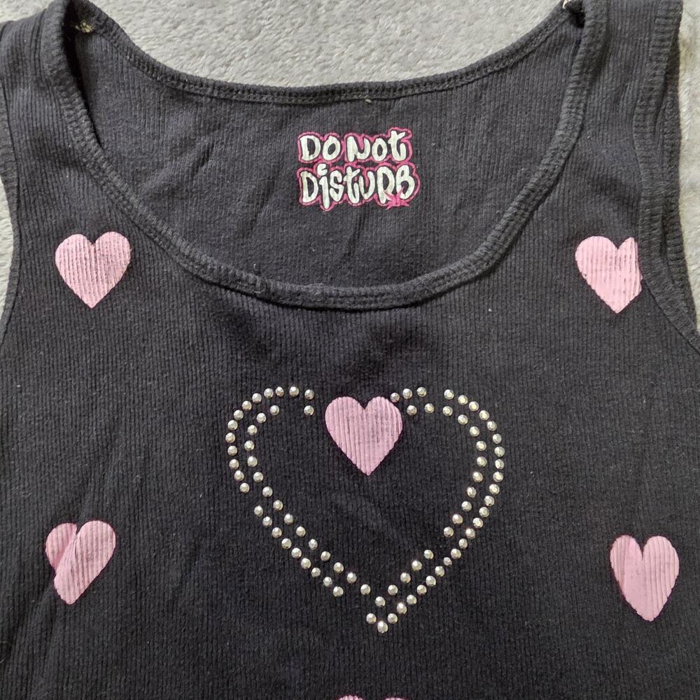 Do Not Disturb Tank Juniors Small Black Pink Heart Graphic Studded Ribbed Knit